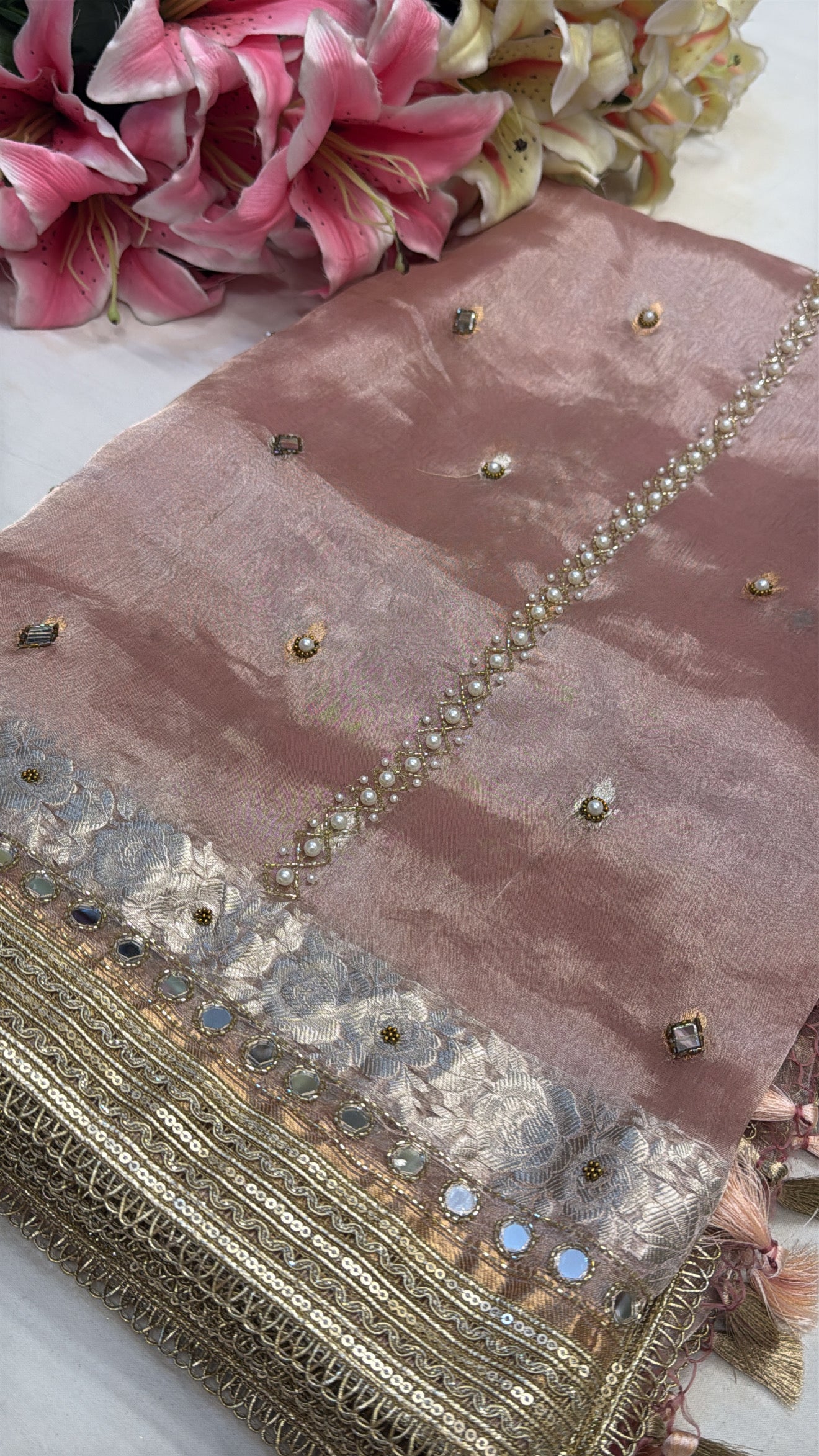 Blush peach husn tissue silk hand embroidered kadhwa saree